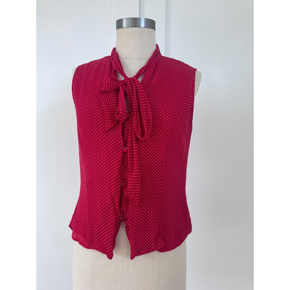 New York City Design Co Vintage 90s Silk Tie Neck Blouse Red Polka Dot Top M - Picture 1 of 8